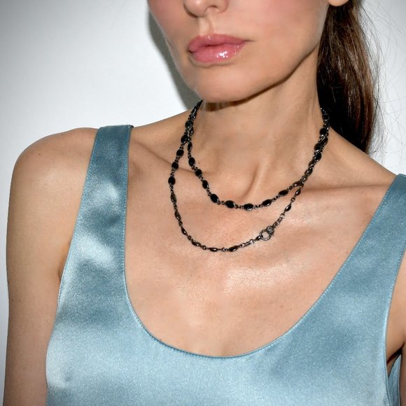 925 Silver Diamond and Faceted Natural Sapphire Long Necklace - Picture 3 of 6